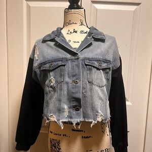 Highway Jeans Cropped Denim Jacket with Black Sleeves